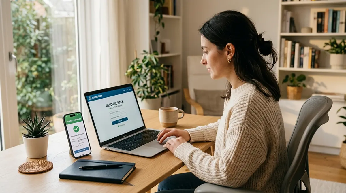 Person loggt sich am Laptop ins Online-Banking ein für eine Casino-Einzahlung, ruhige Büroumgebung