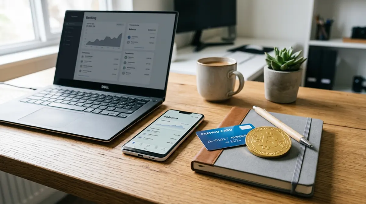 Schreibtisch mit verschiedenen Zahlungskarten, Smartphone mit Banking-App und Laptop