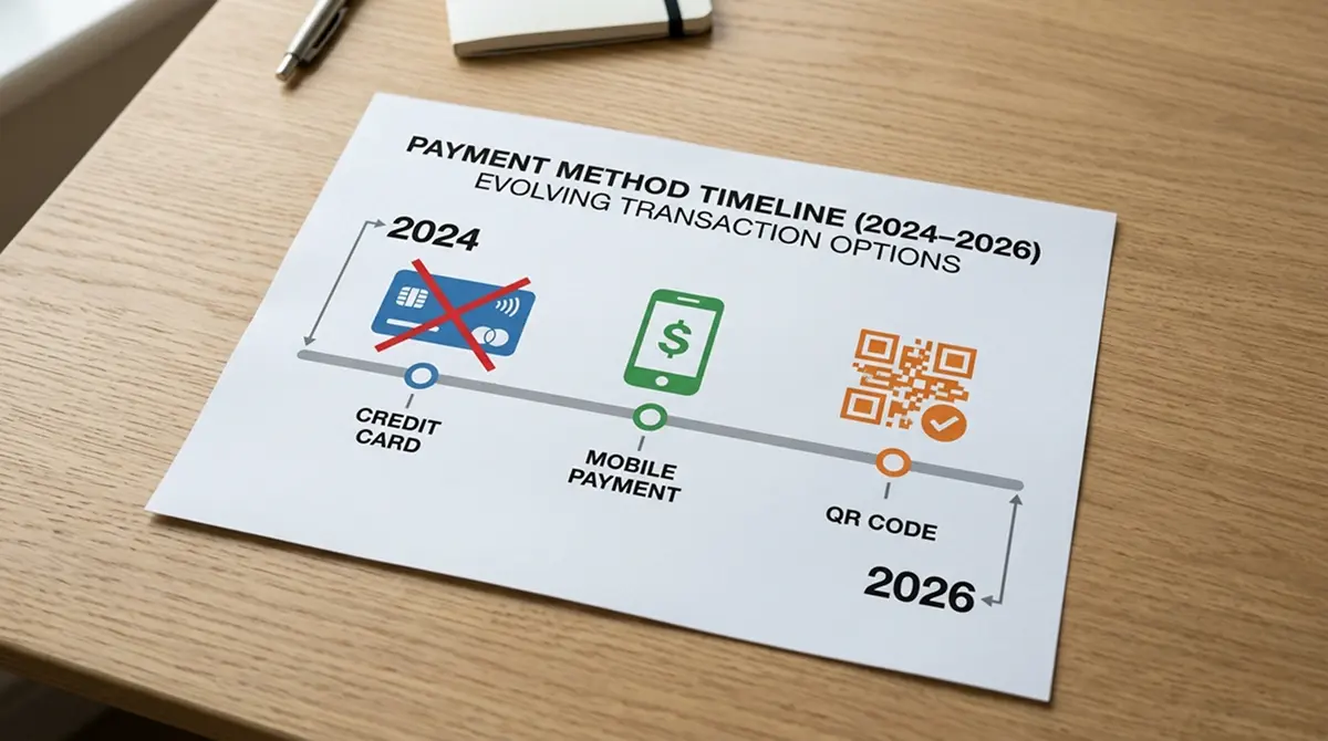 Zeitstrahl zeigt giropay-Logo durchgestrichen 2024, Klarna- und Wero-Logos aktiv 2026