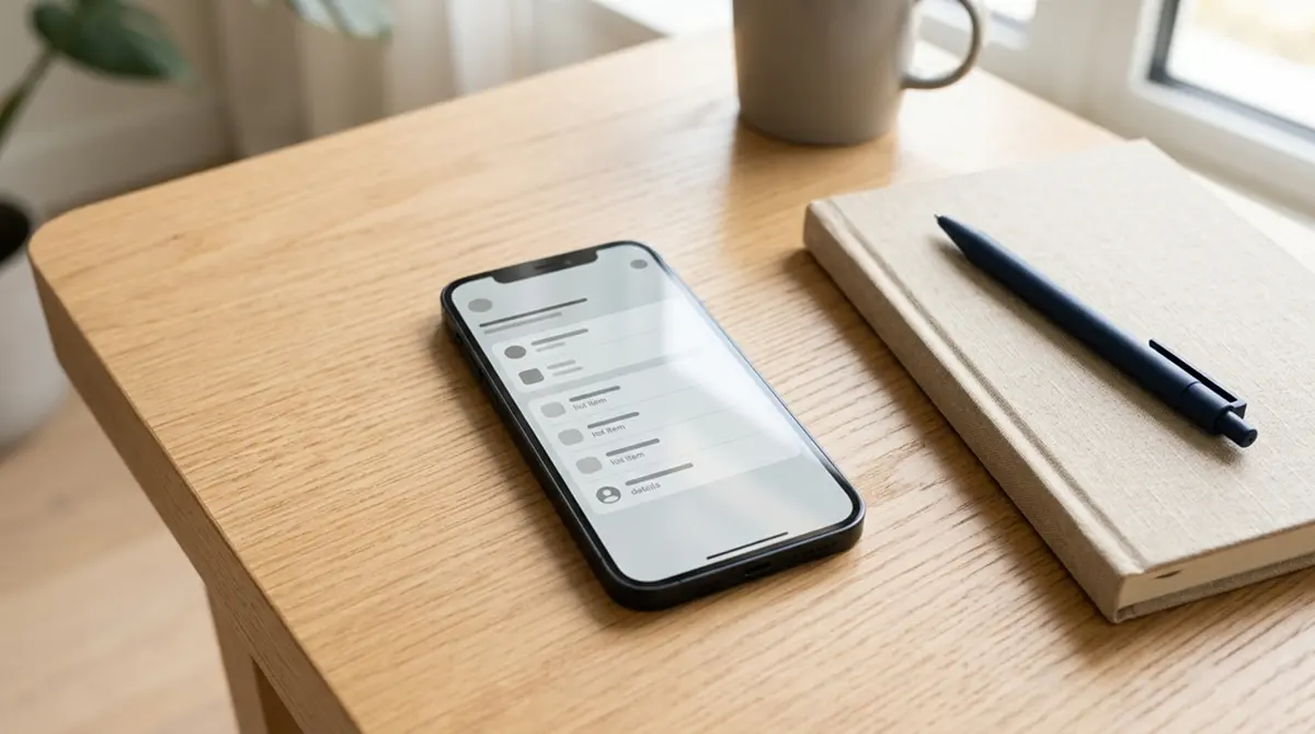 Smartphone mit neutraler Zahlungsübersicht auf einem aufgeräumten Schreibtisch