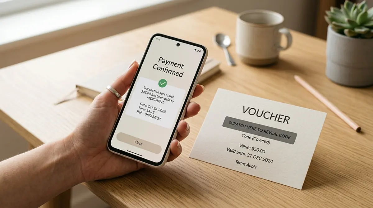 Smartphone mit Zahlungsbestätigung und Paysafecard daneben