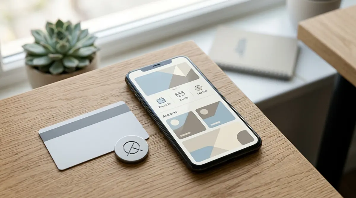 Smartphone-Wallet, Prepaid-Karte und generisches Bank-Kartensymbol nebeneinander unter neutralem Tageslicht