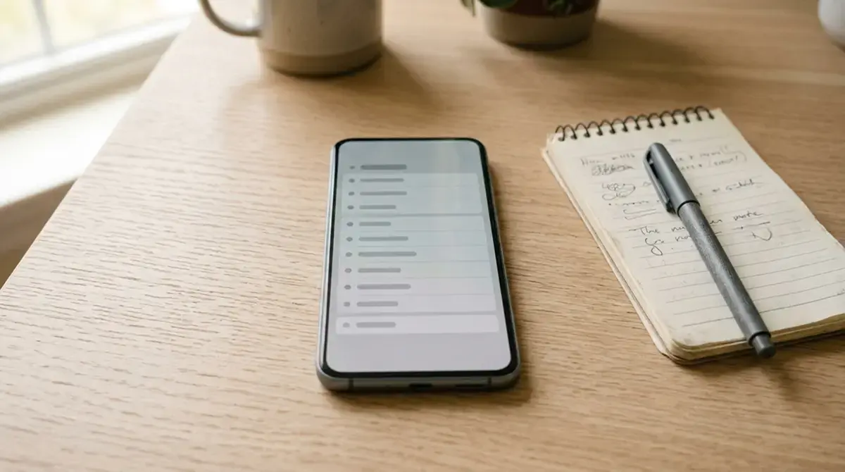 Smartphone mit neutraler Zahlungsübersicht neben einem Notizzettel