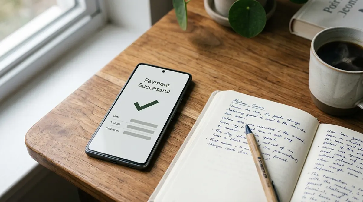 Smartphone mit neutraler Zahlungsübersicht neben einem Notizbuch