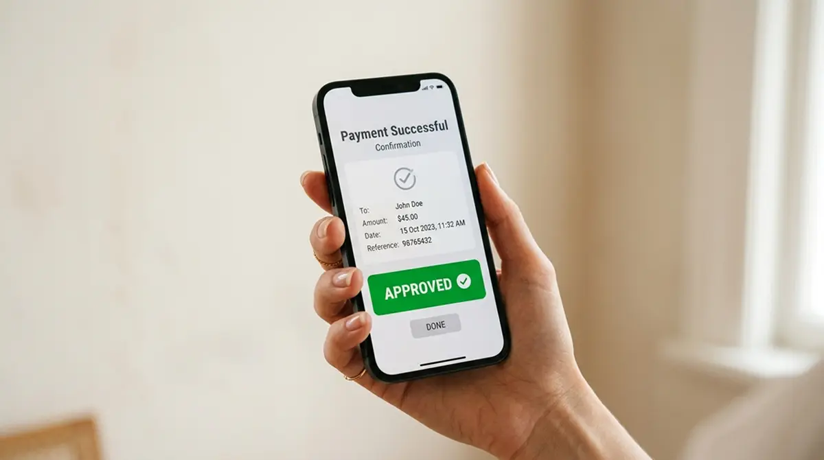 Smartphone-Bildschirm mit Banking-App-Freigabe für eine Transaktion